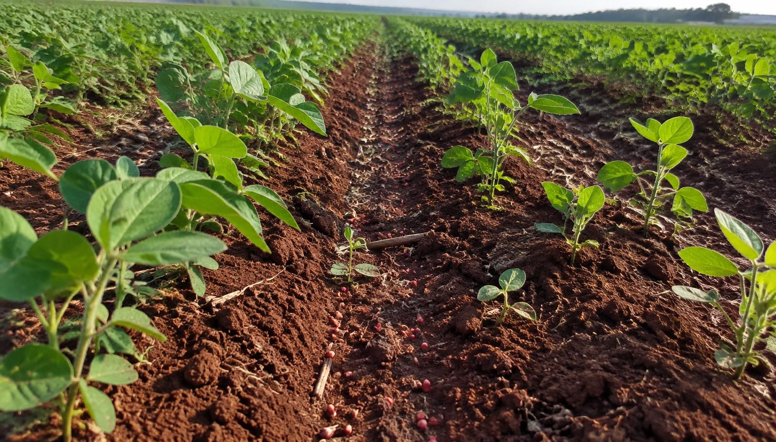 Linha de plantio de soja com falhas de estande sobre solo vermelho